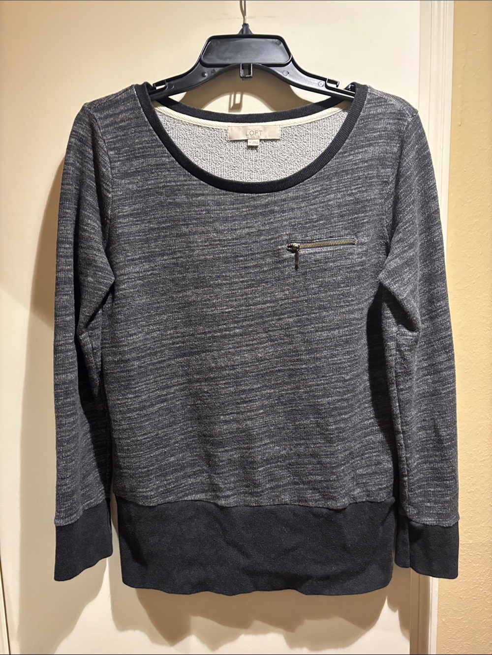 LOFT Charcoal Gray Marled Scoop-Neck Sweater with Zip Pocket
